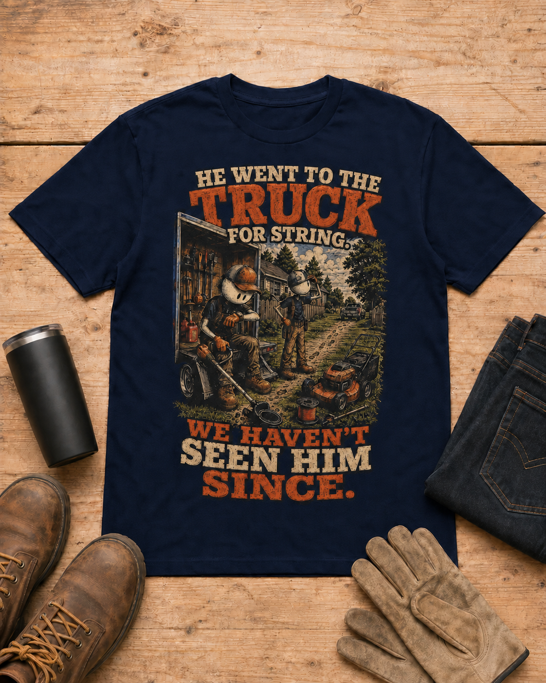 Went to the Truck for String Lawn Care Shirt in Navy workbench flat lay