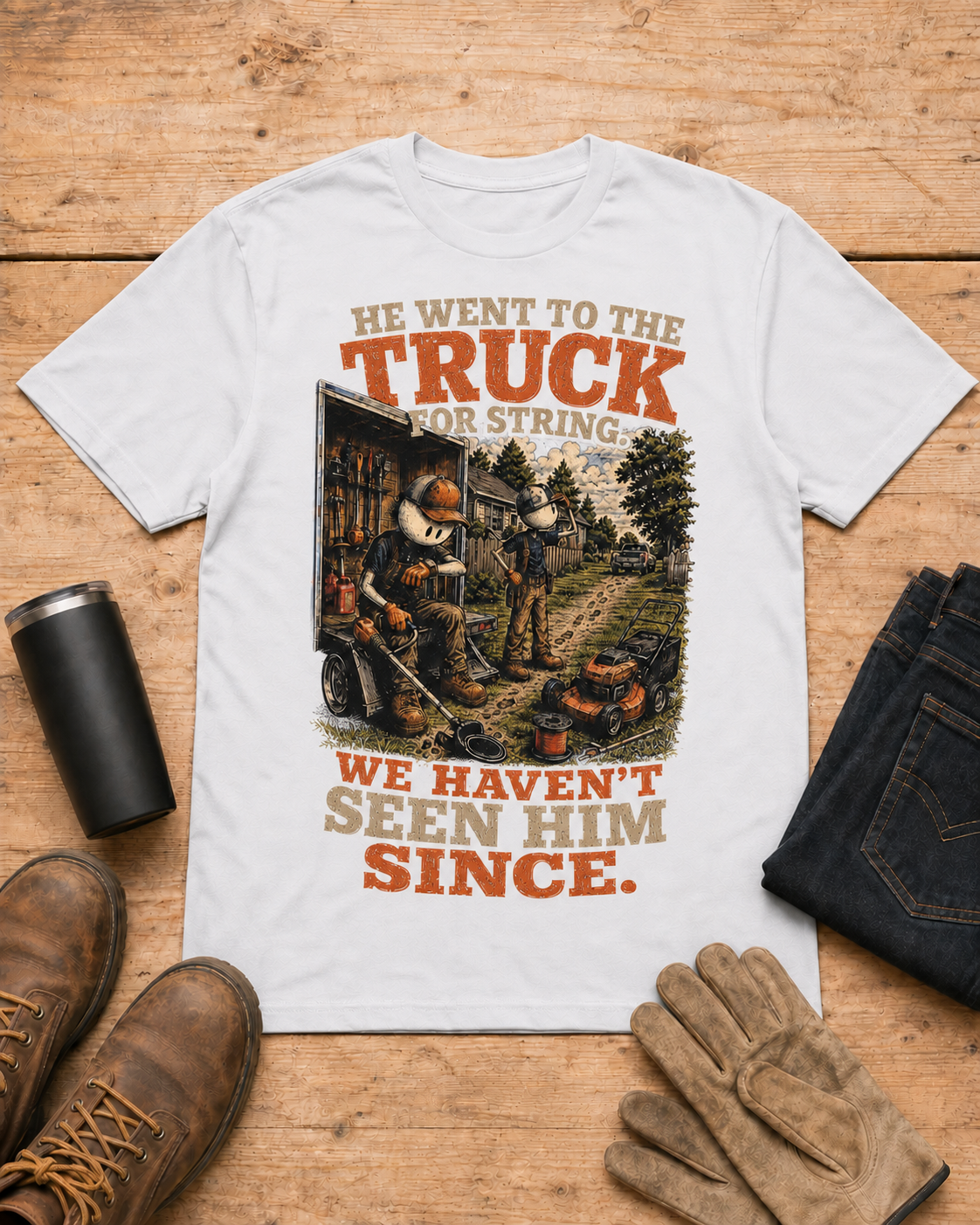 Went to the Truck for String Lawn Care Shirt in White workbench flat lay