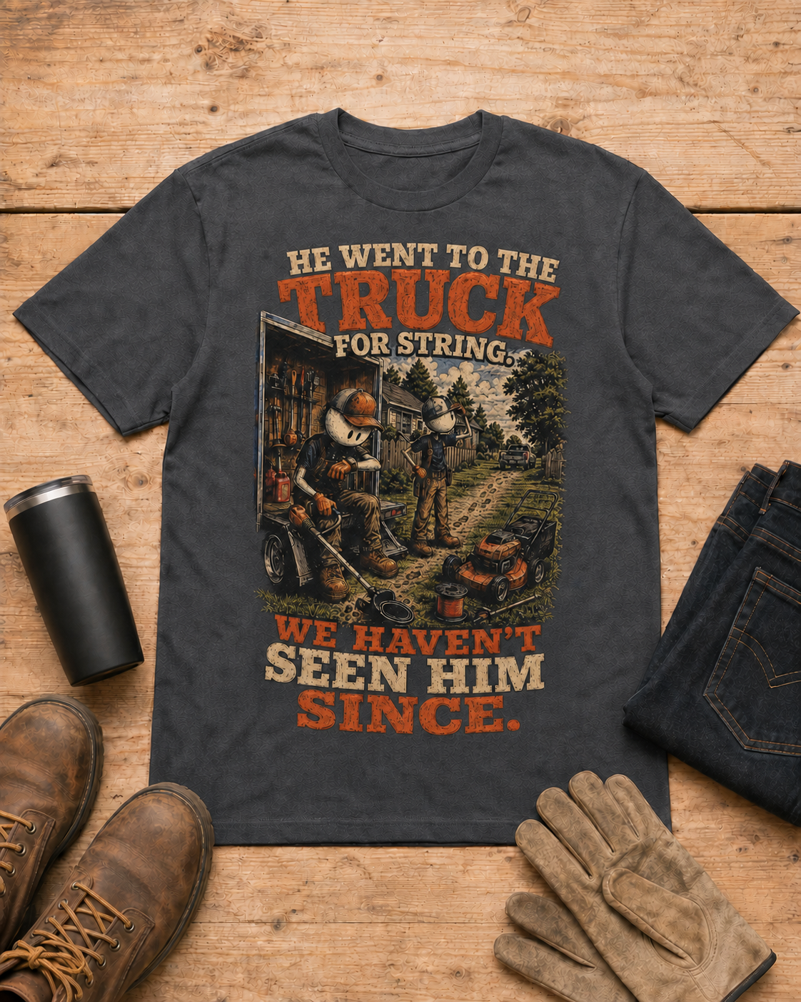 Went to the Truck for String Lawn Care Shirt in Dark Heather workbench flat lay