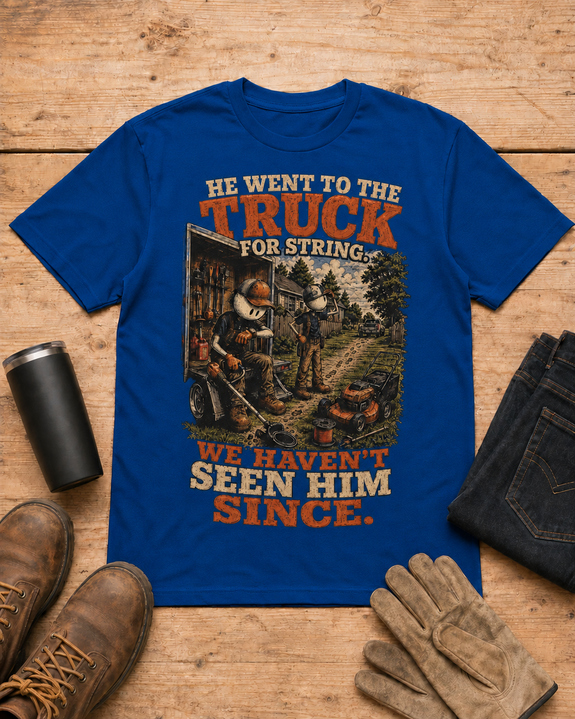 Went to the Truck for String Lawn Care Shirt in Royal Blue workbench flat lay