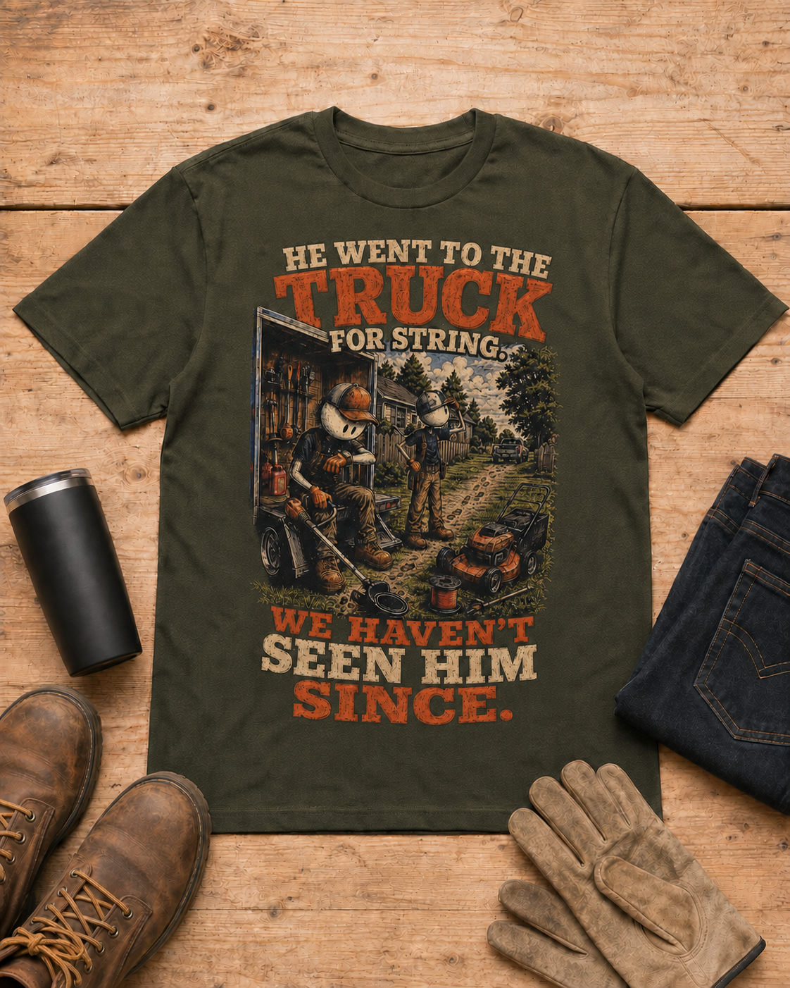 Went to the Truck for String Lawn Care Shirt in Military Green workbench flat lay