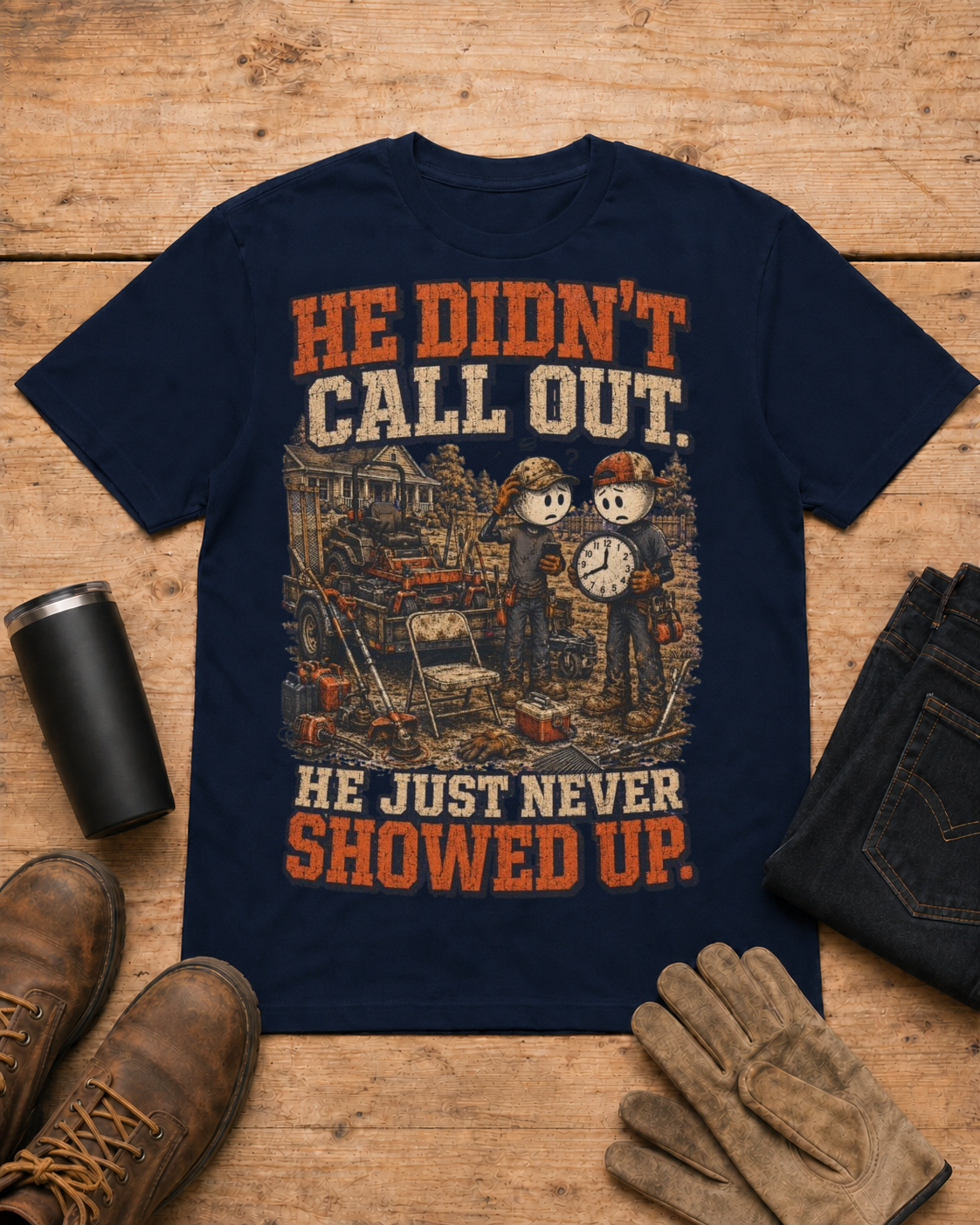 He Never Showed Up Lawn Care Shirt in Navy workbench flat lay
