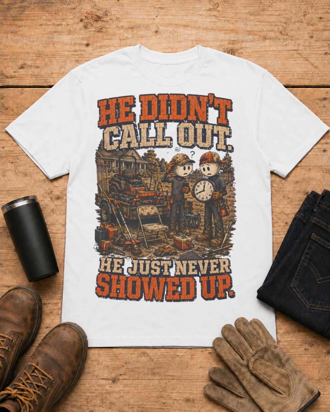 He Never Showed Up Lawn Care Shirt in White workbench flat lay