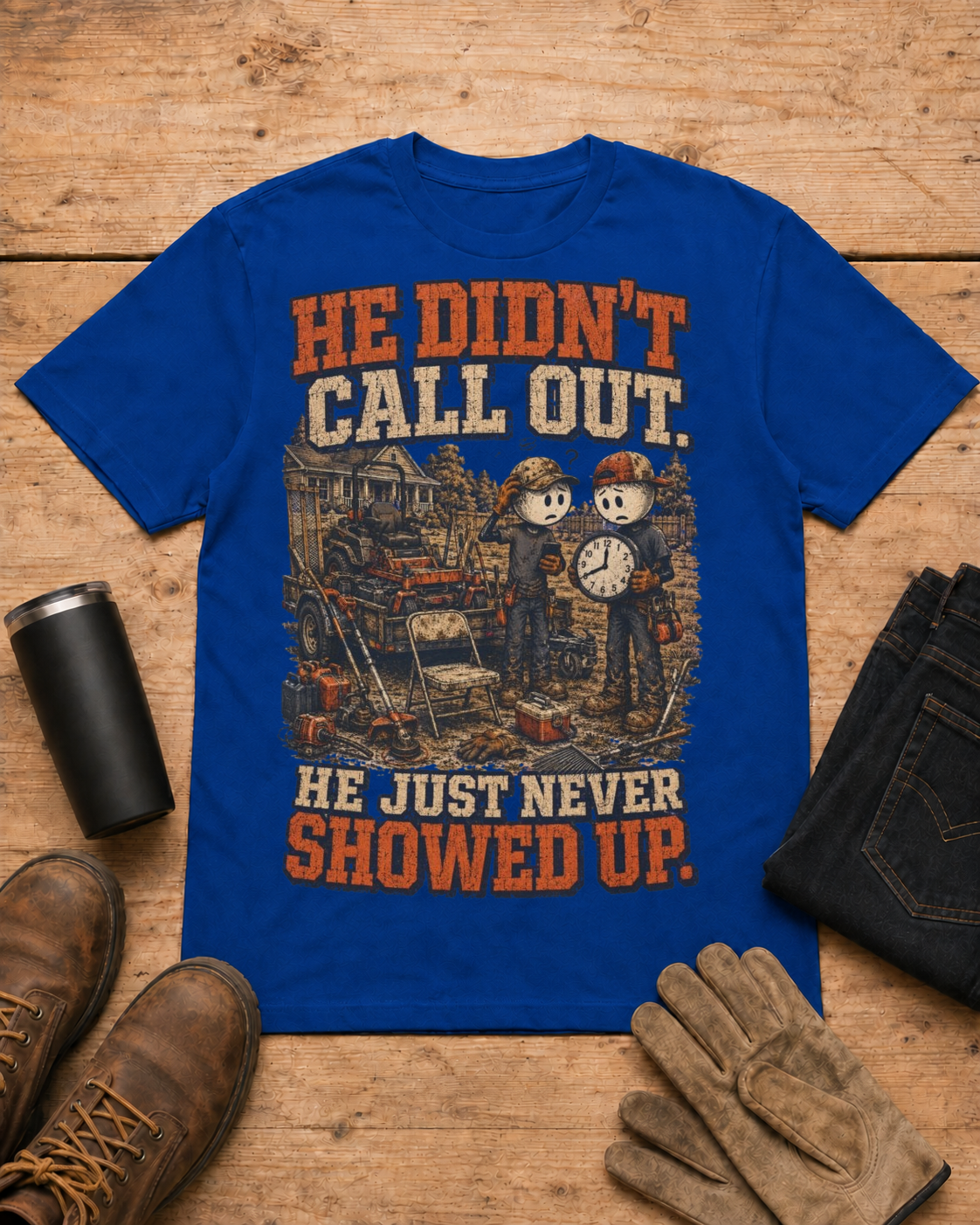 He Never Showed Up Lawn Care Shirt in Royal Blue workbench flat lay