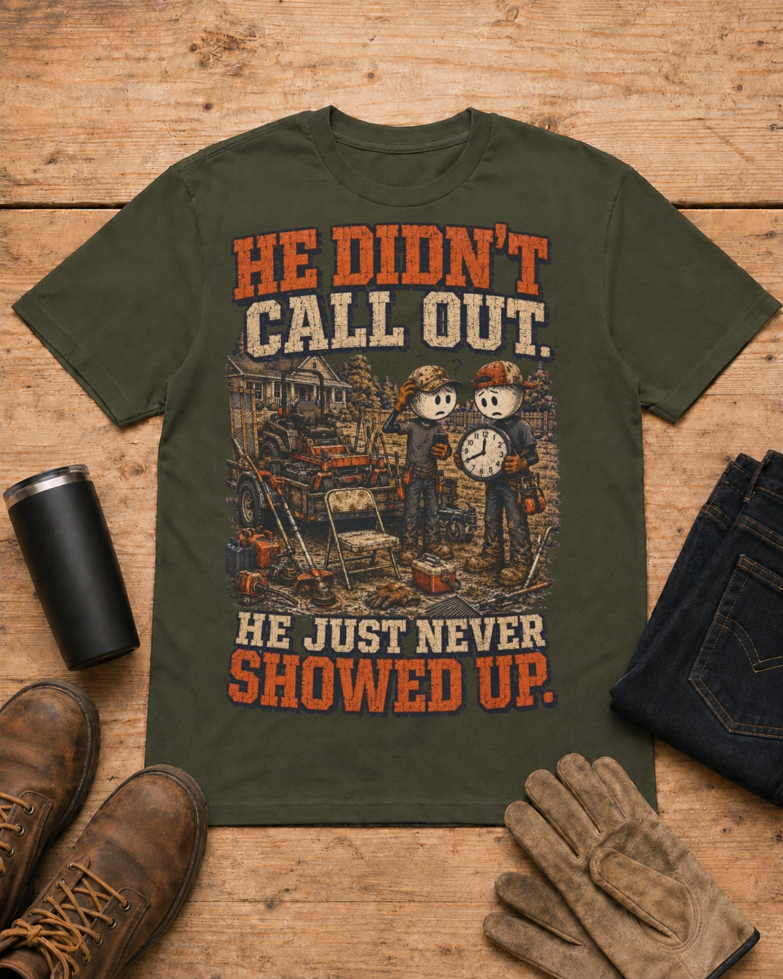 He Never Showed Up Lawn Care Shirt in Military Green workbench flat lay