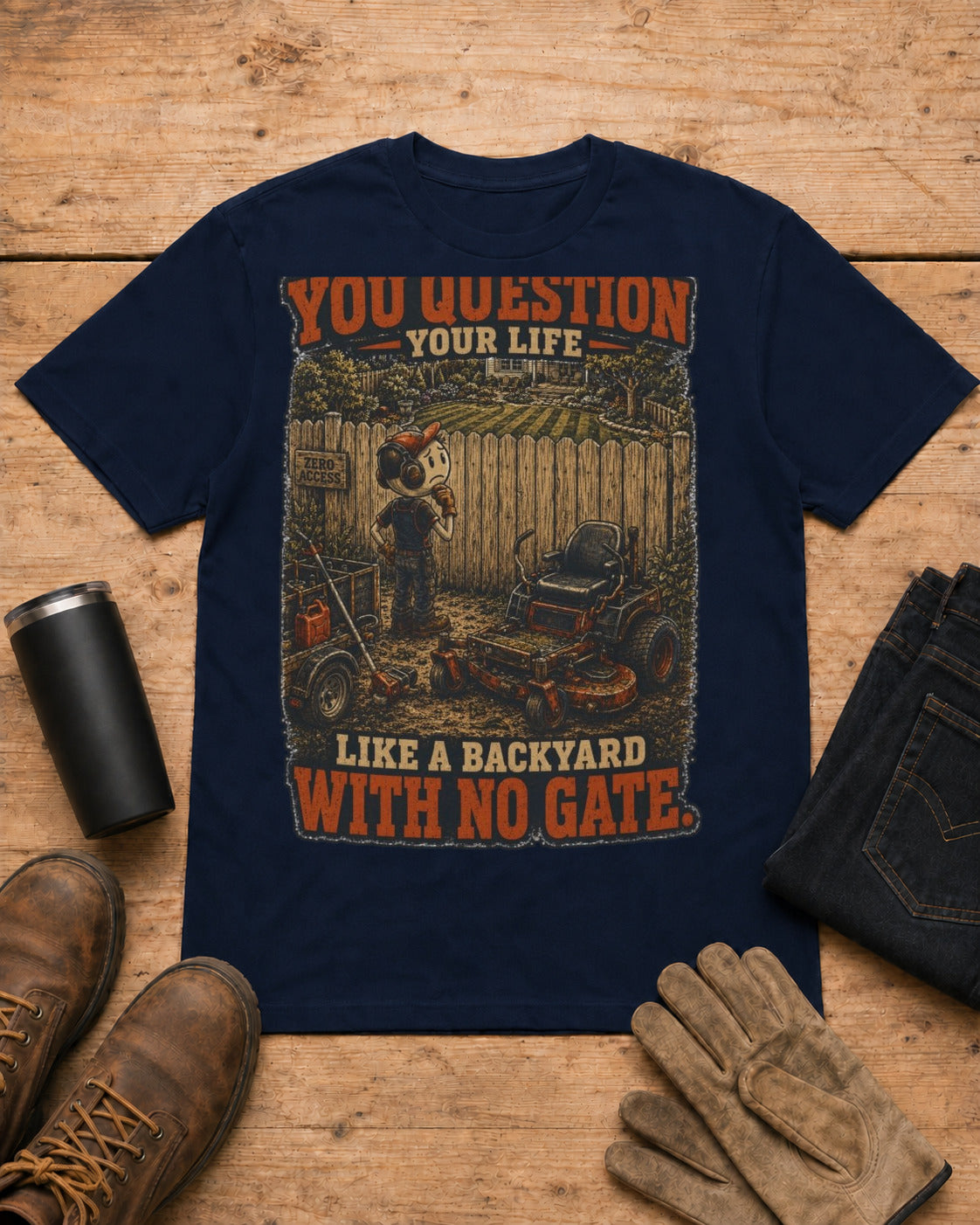 Backyard With No Gate Lawn Care Shirt in Navy workbench flat lay