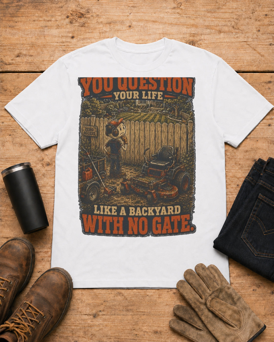 Backyard With No Gate Lawn Care Shirt in White workbench flat lay