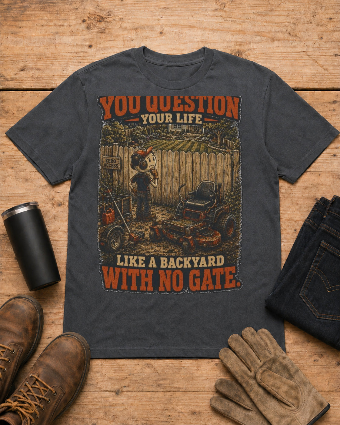 Backyard With No Gate Lawn Care Shirt in Dark Heather workbench flat lay