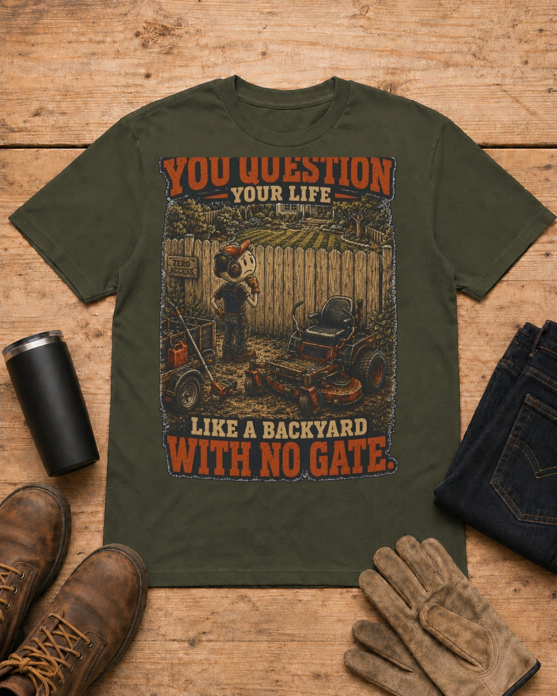 Backyard With No Gate Lawn Care Shirt in Military Green workbench flat lay