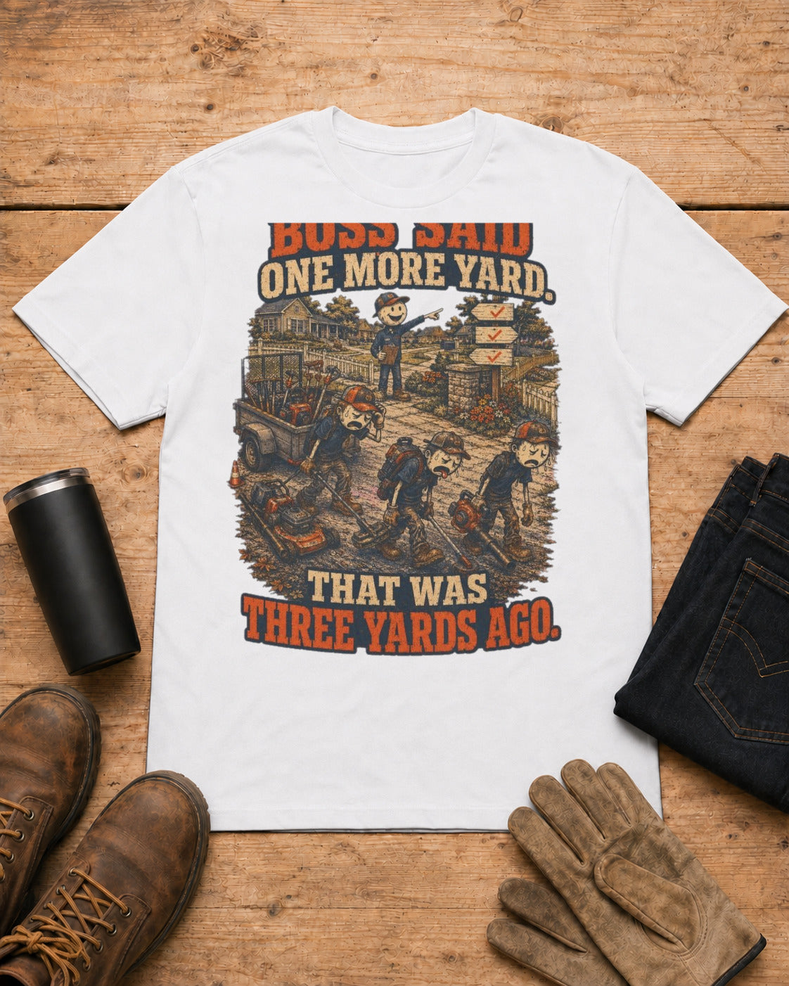 Boss Said One More Yard Lawn Care Shirt in White workbench flat lay