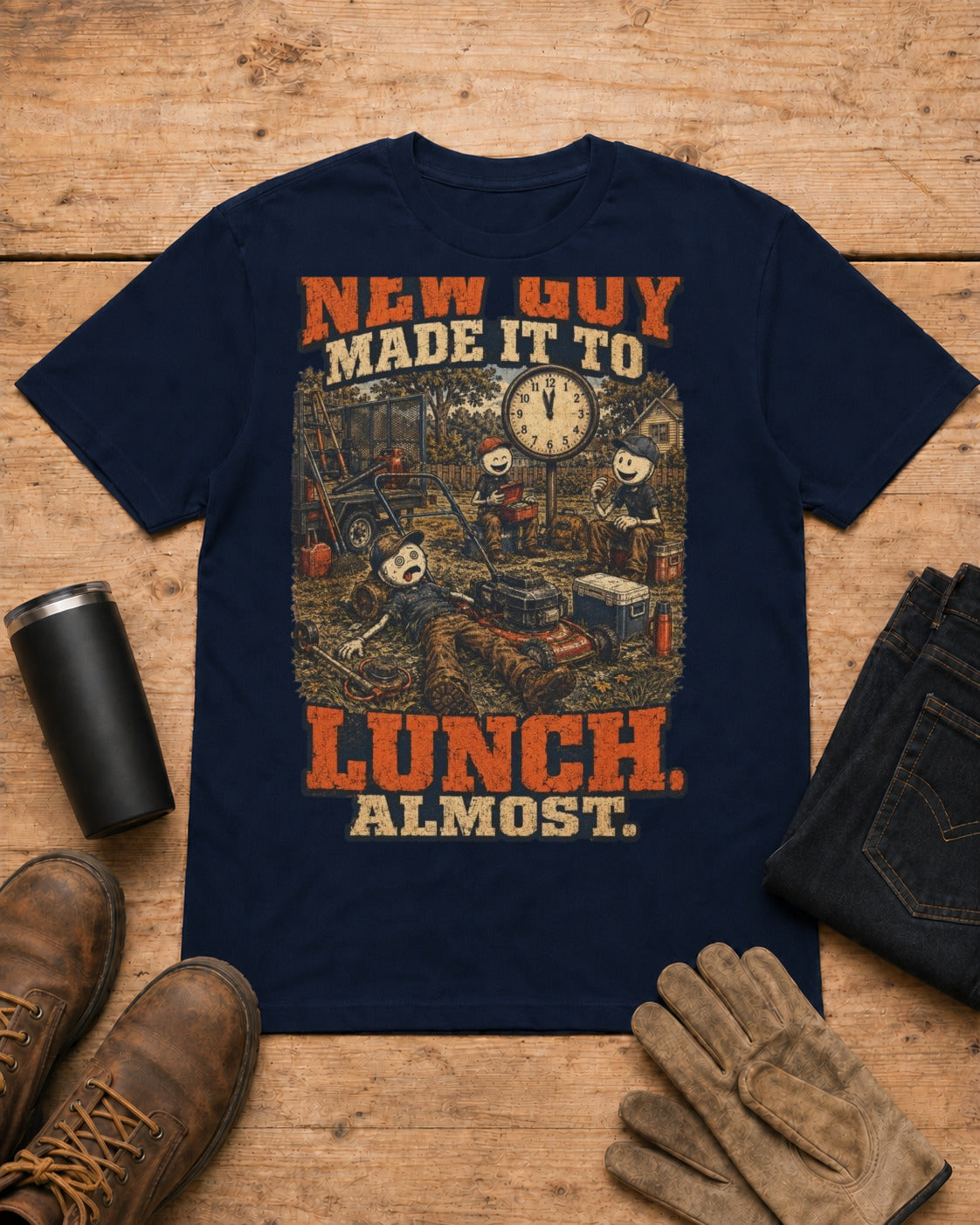 New Guy Almost Made It to Lunch Lawn Care Shirt in Navy workbench flat lay