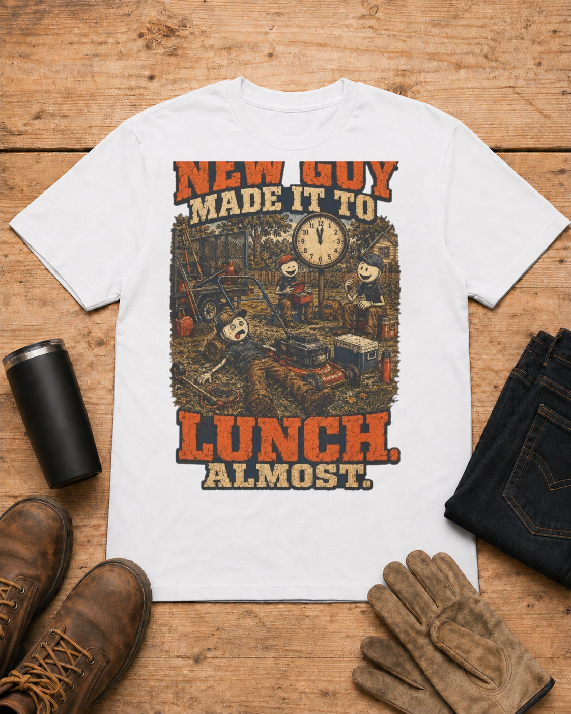 New Guy Almost Made It to Lunch Lawn Care Shirt in White workbench flat lay