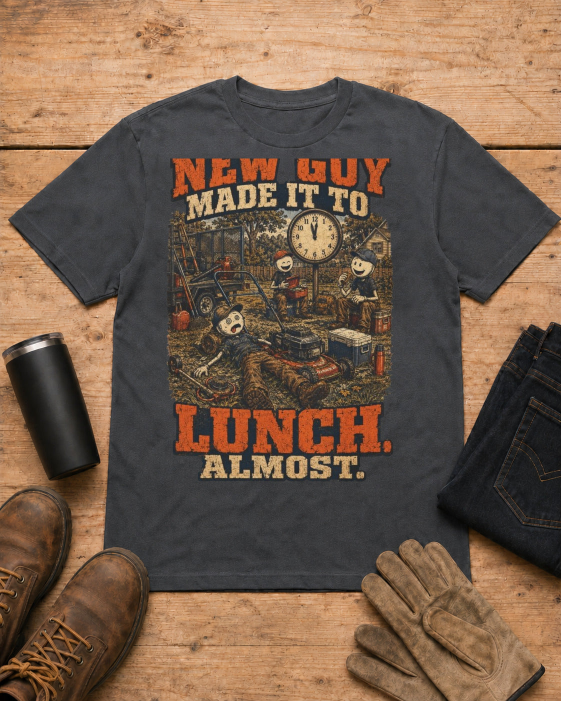 New Guy Almost Made It to Lunch Lawn Care Shirt in Dark Heather workbench flat lay