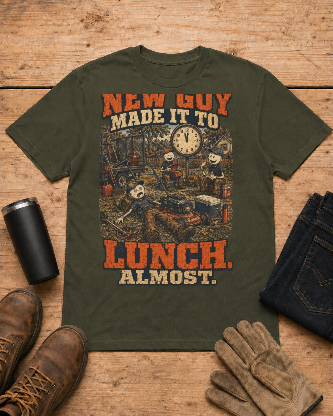 New Guy Almost Made It to Lunch Lawn Care Shirt in Military Green workbench flat lay