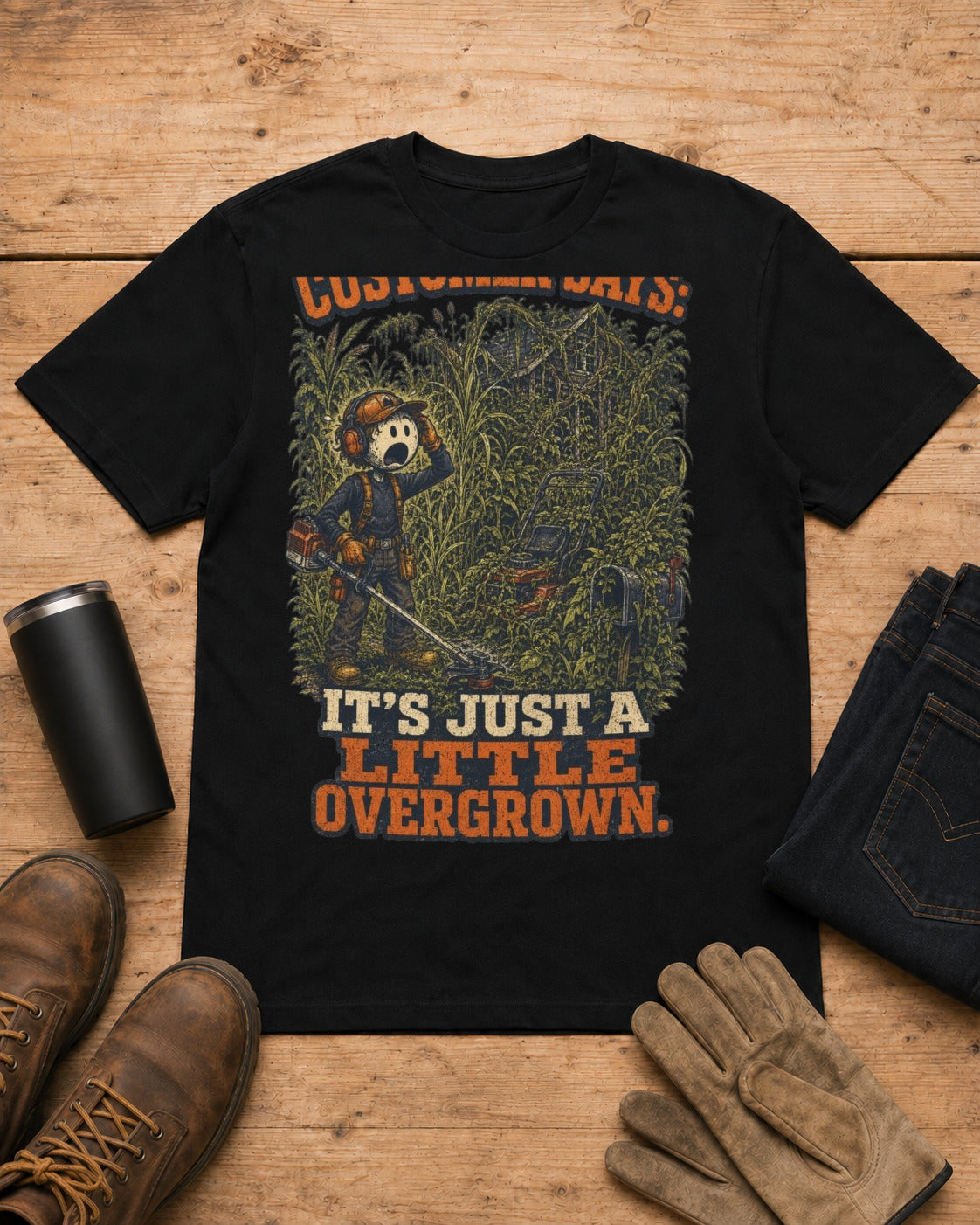 It’s Just a Little Overgrown Lawn Care Shirt in Black workbench flat lay
