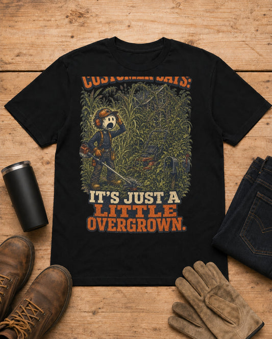 It’s Just a Little Overgrown Lawn Care Shirt in Black workbench flat lay