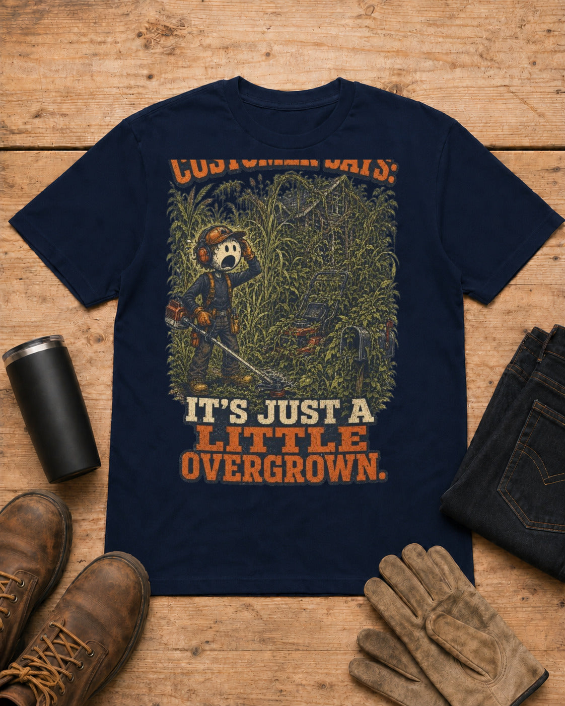 It’s Just a Little Overgrown Lawn Care Shirt in Navy workbench flat lay