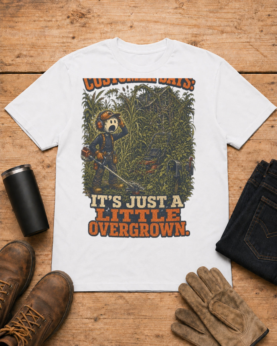 It’s Just a Little Overgrown Lawn Care Shirt in White workbench flat lay