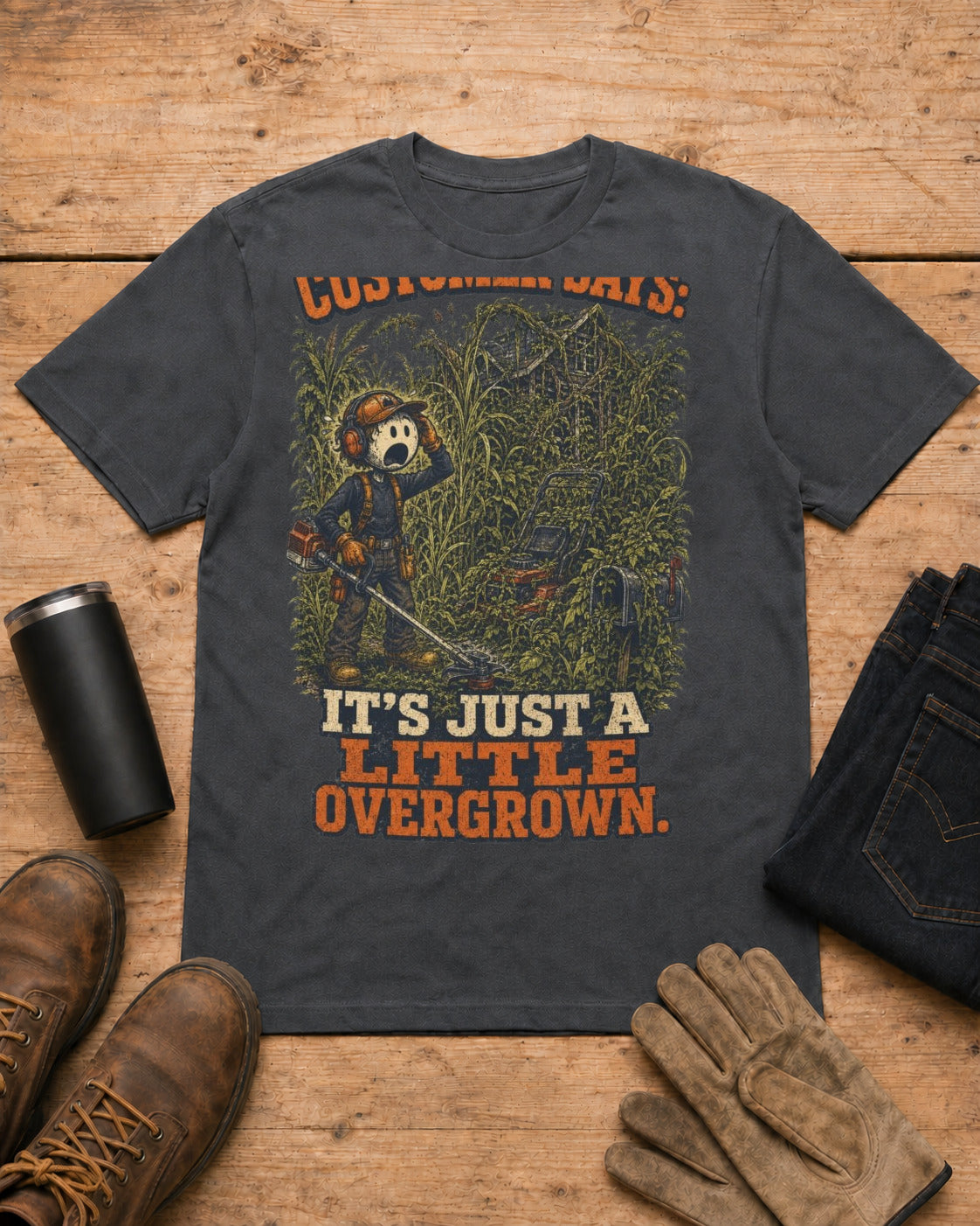 It’s Just a Little Overgrown Lawn Care Shirt in Dark Heather workbench flat lay