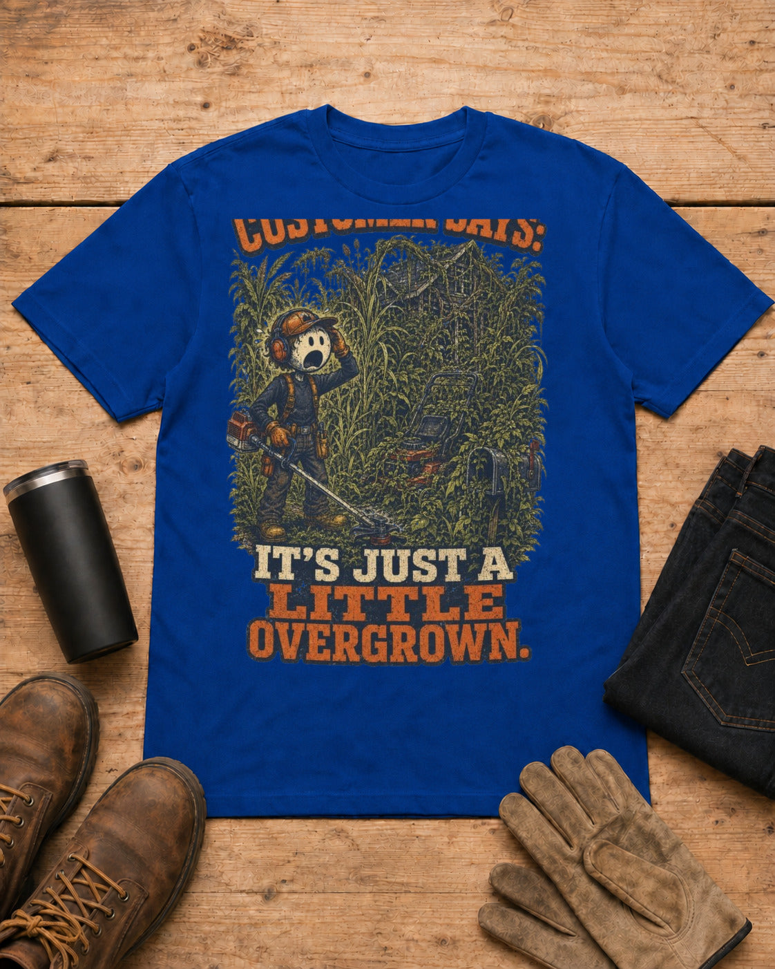 It’s Just a Little Overgrown Lawn Care Shirt in Royal Blue workbench flat lay