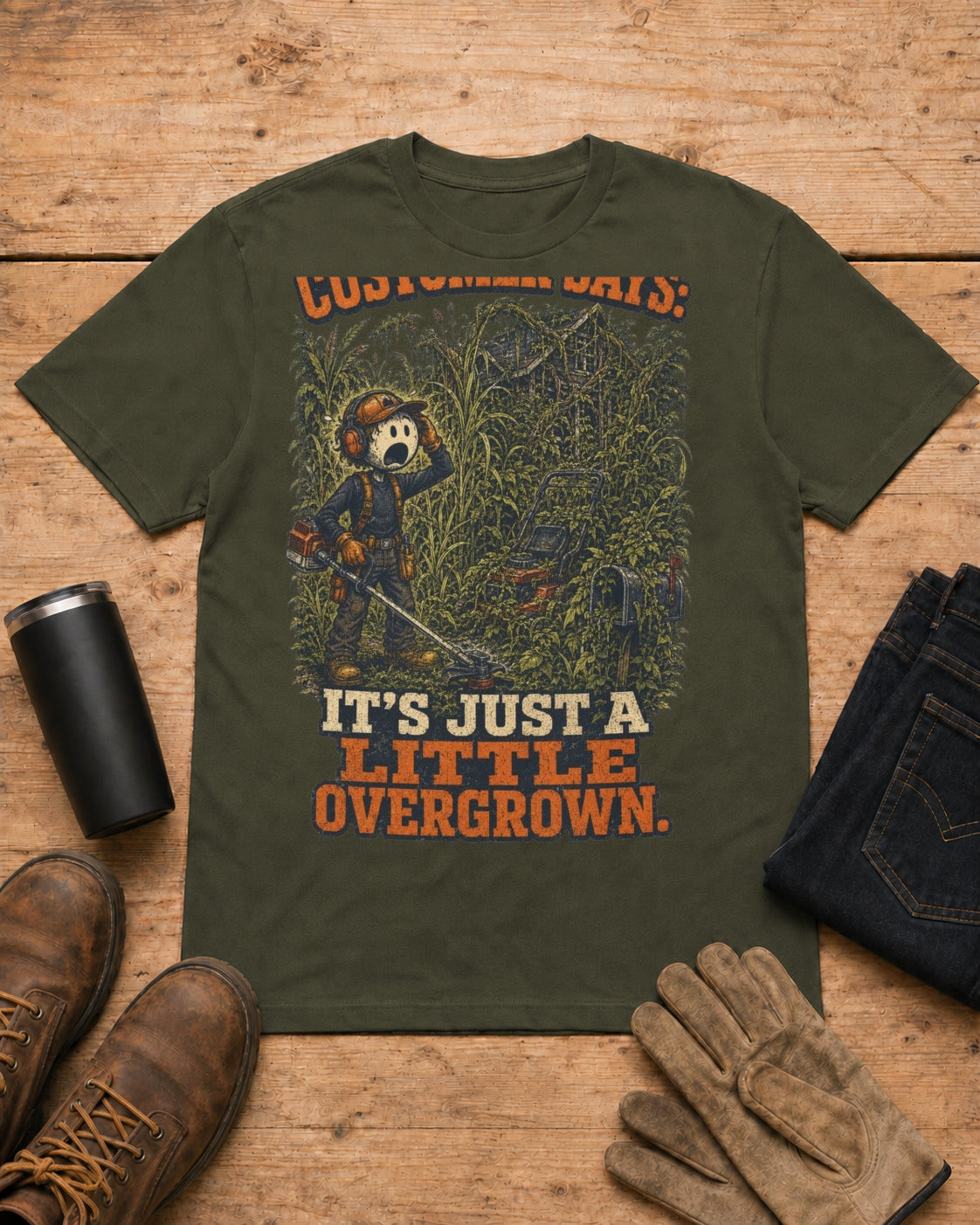 It’s Just a Little Overgrown Lawn Care Shirt in Military Green workbench flat lay