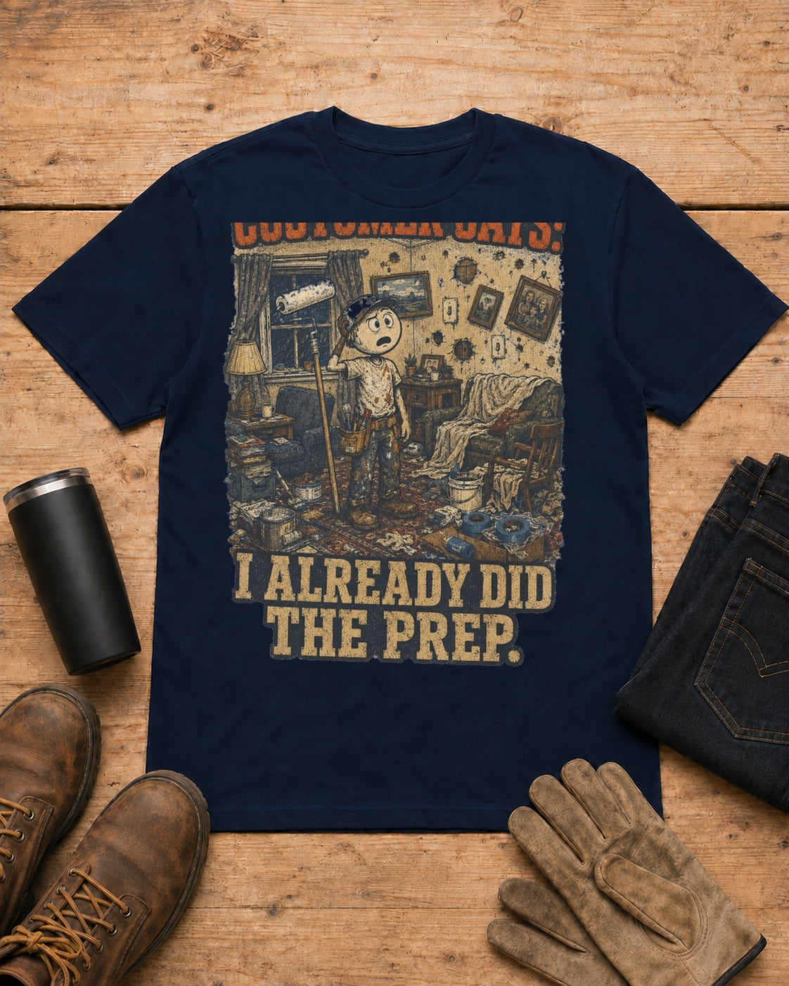 Customer Already Did the Prep Painter Shirt in Navy workbench flat lay