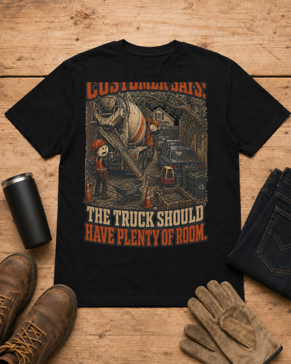 Truck Has Plenty of Room Concrete Crew Shirt in Black workbench flat lay