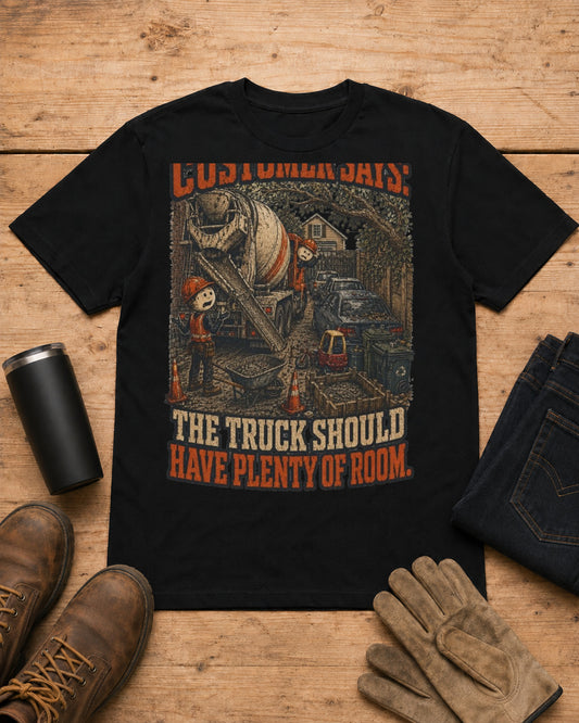 Truck Has Plenty of Room Concrete Crew Shirt in Black workbench flat lay