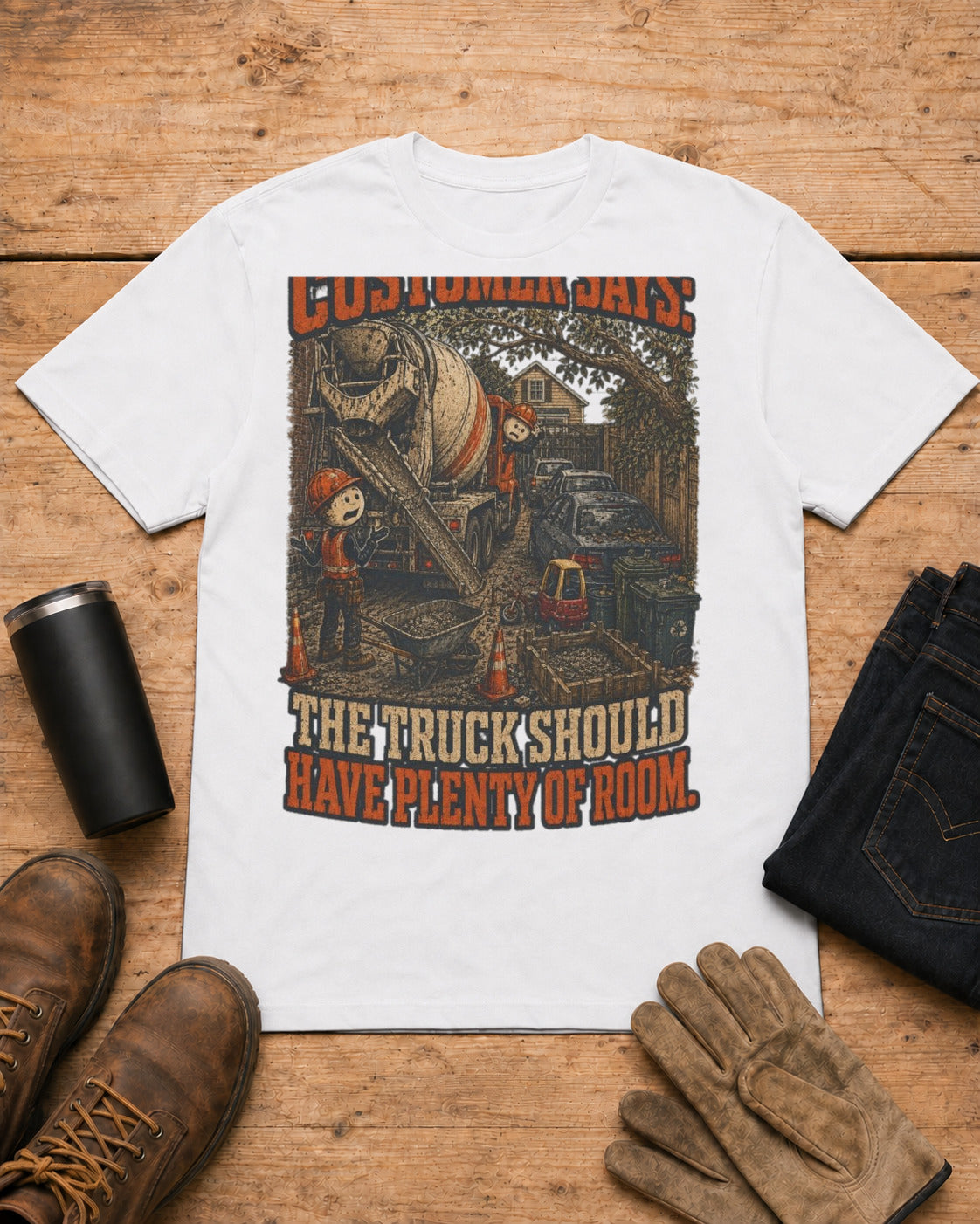 Truck Has Plenty of Room Concrete Crew Shirt in White workbench flat lay