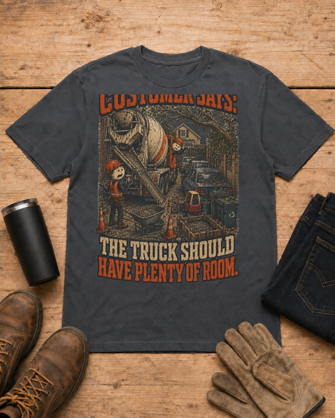 Truck Has Plenty of Room Concrete Crew Shirt in Dark Heather workbench flat lay