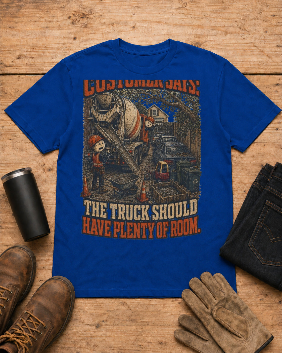 Truck Has Plenty of Room Concrete Crew Shirt in Royal Blue workbench flat lay