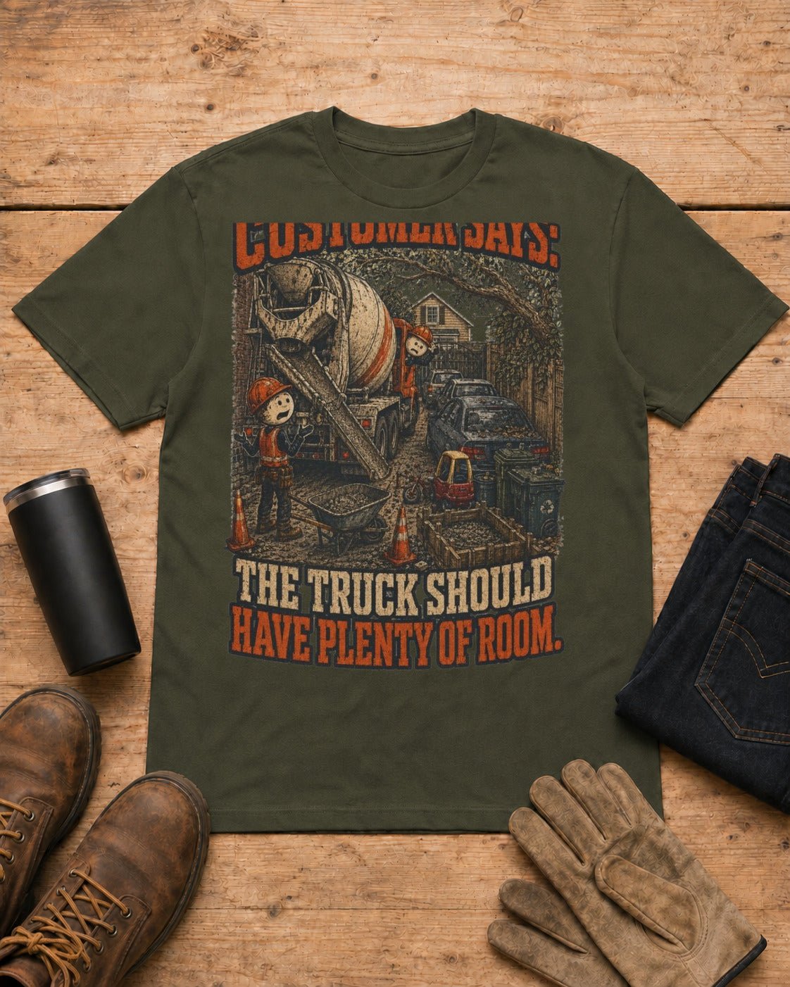 Truck Has Plenty of Room Concrete Crew Shirt in Military Green workbench flat lay