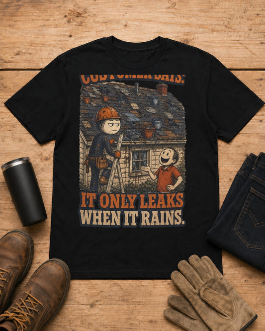 It Only Leaks When It Rains Roofer Shirt in Black workbench flat lay
