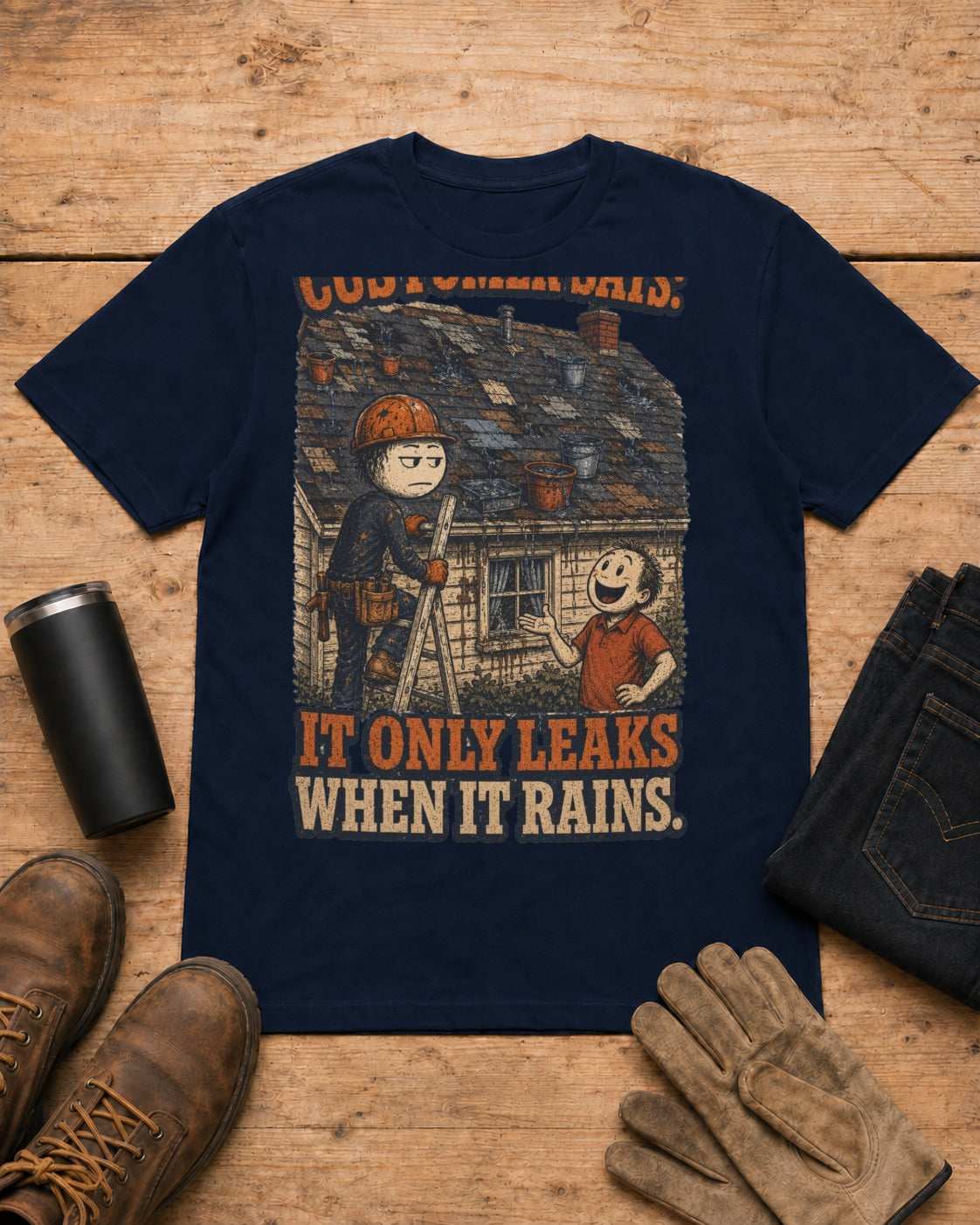 It Only Leaks When It Rains Roofer Shirt in Navy workbench flat lay