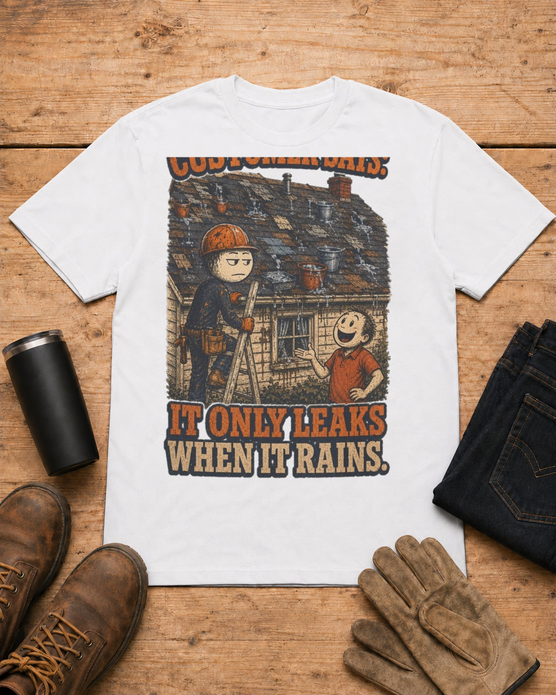 It Only Leaks When It Rains Roofer Shirt in White workbench flat lay
