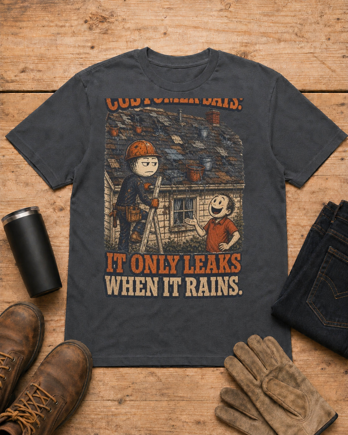 It Only Leaks When It Rains Roofer Shirt in Dark Heather workbench flat lay
