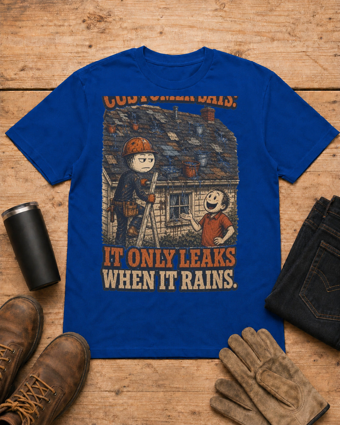 It Only Leaks When It Rains Roofer Shirt in Royal Blue workbench flat lay