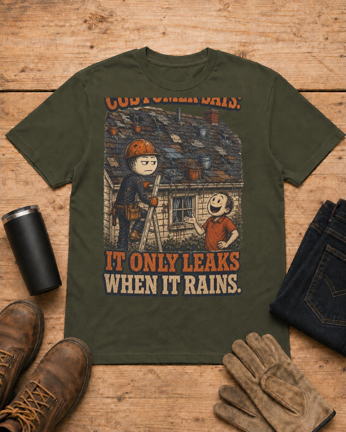 It Only Leaks When It Rains Roofer Shirt in Military Green workbench flat lay