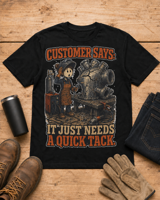It Just Needs a Quick Tack Welder Shirt in Black workbench flat lay