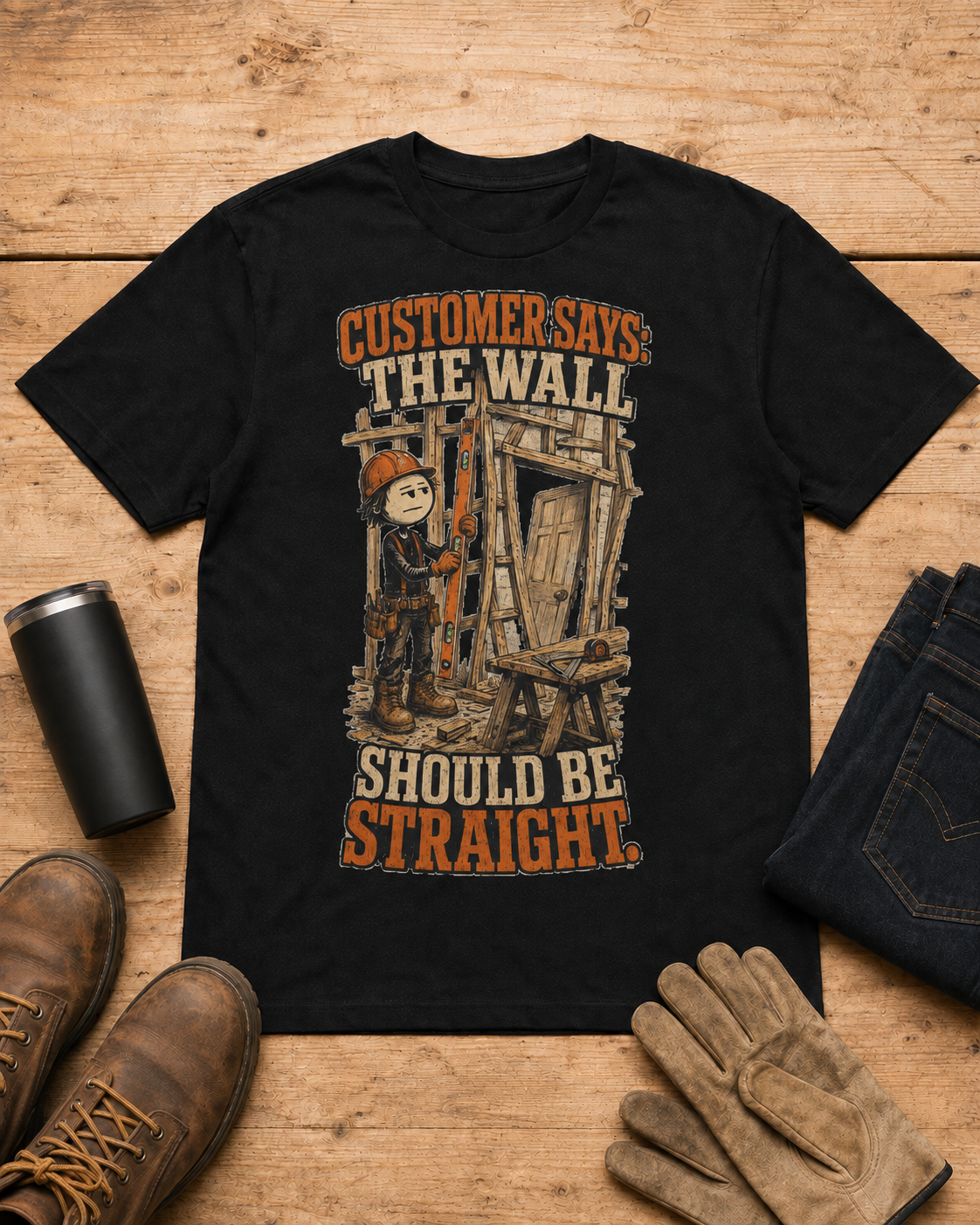 The Wall Should Be Straight Carpenter Shirt in Black workbench flat lay