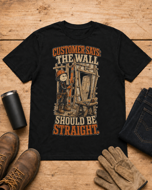 The Wall Should Be Straight Carpenter Shirt in Black workbench flat lay