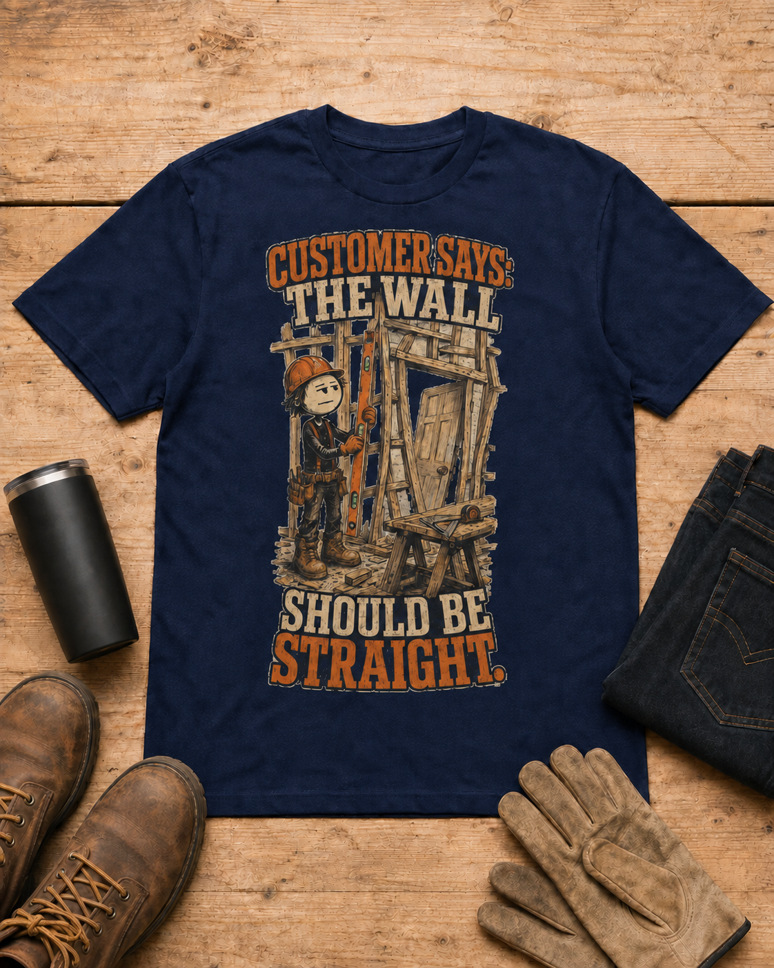 The Wall Should Be Straight Carpenter Shirt in Navy workbench flat lay