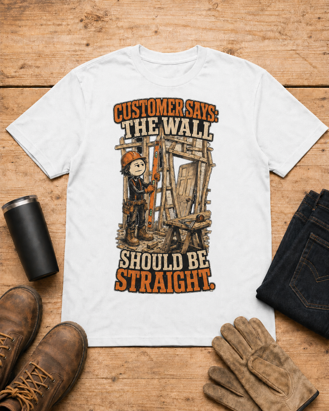 The Wall Should Be Straight Carpenter Shirt in White workbench flat lay