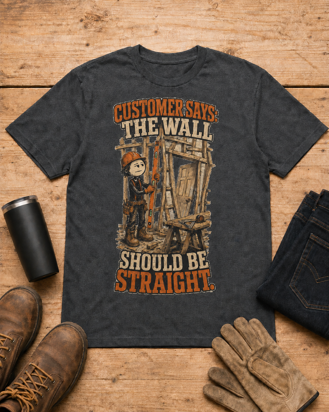 The Wall Should Be Straight Carpenter Shirt in Dark Heather workbench flat lay
