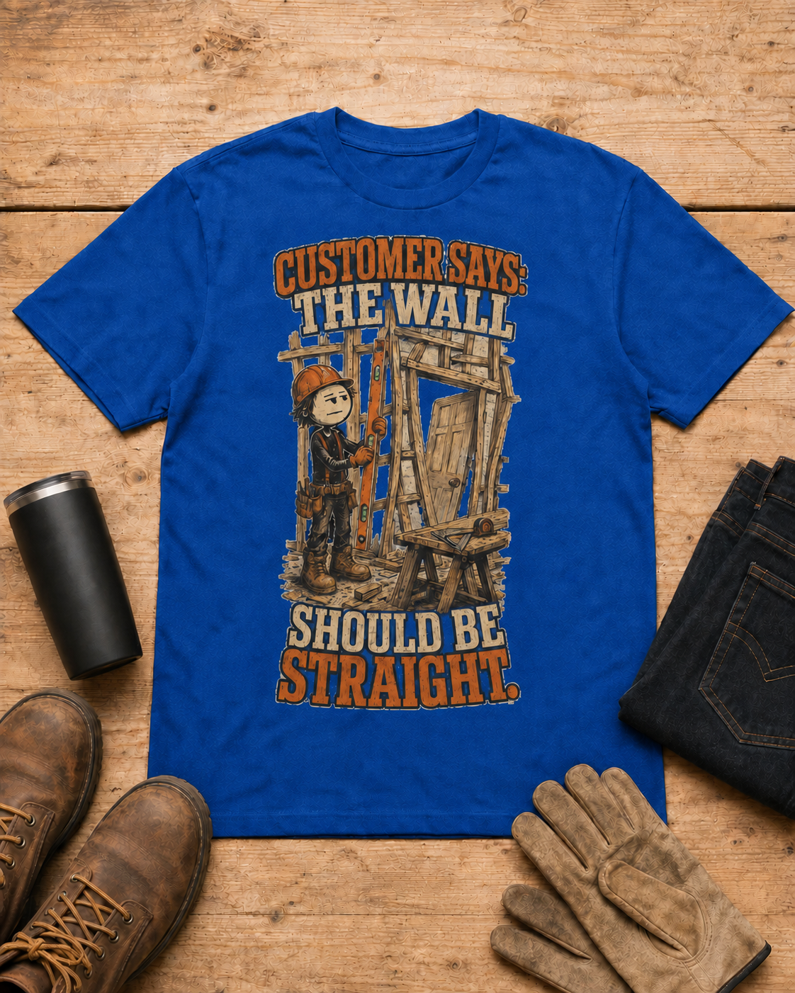 The Wall Should Be Straight Carpenter Shirt in Royal Blue workbench flat lay