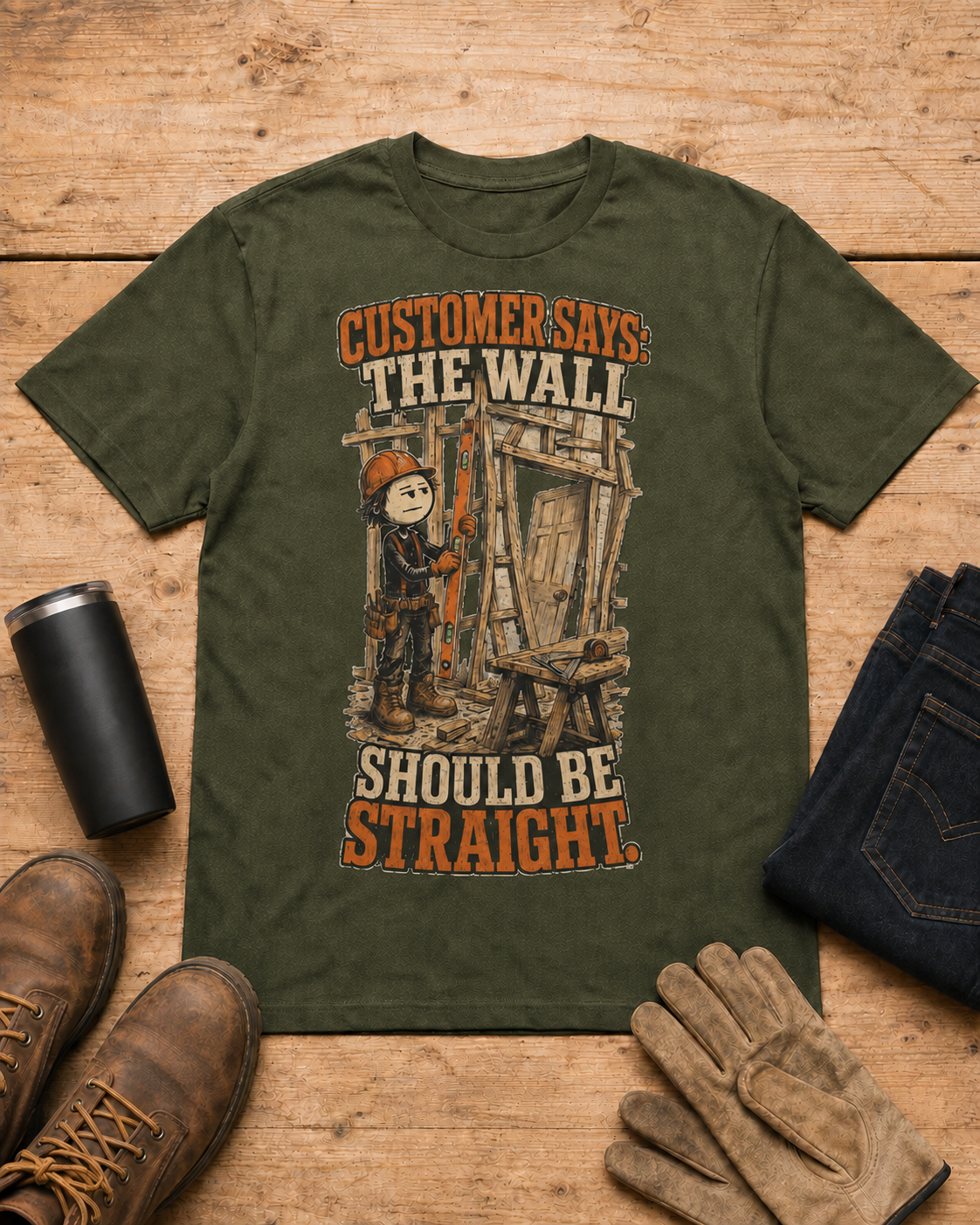 The Wall Should Be Straight Carpenter Shirt in Military Green workbench flat lay
