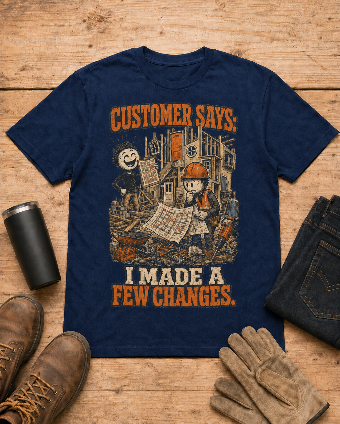 Customer Made a Few Changes Construction Shirt in Navy workbench flat lay