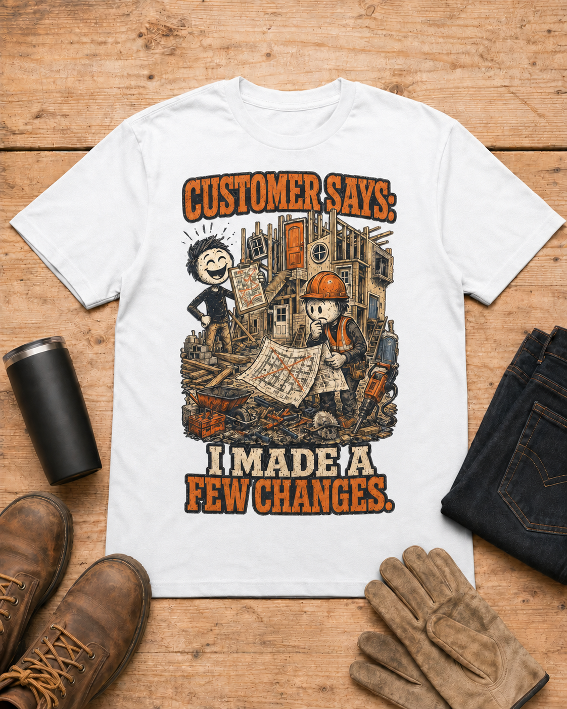 Customer Made a Few Changes Construction Shirt in White workbench flat lay