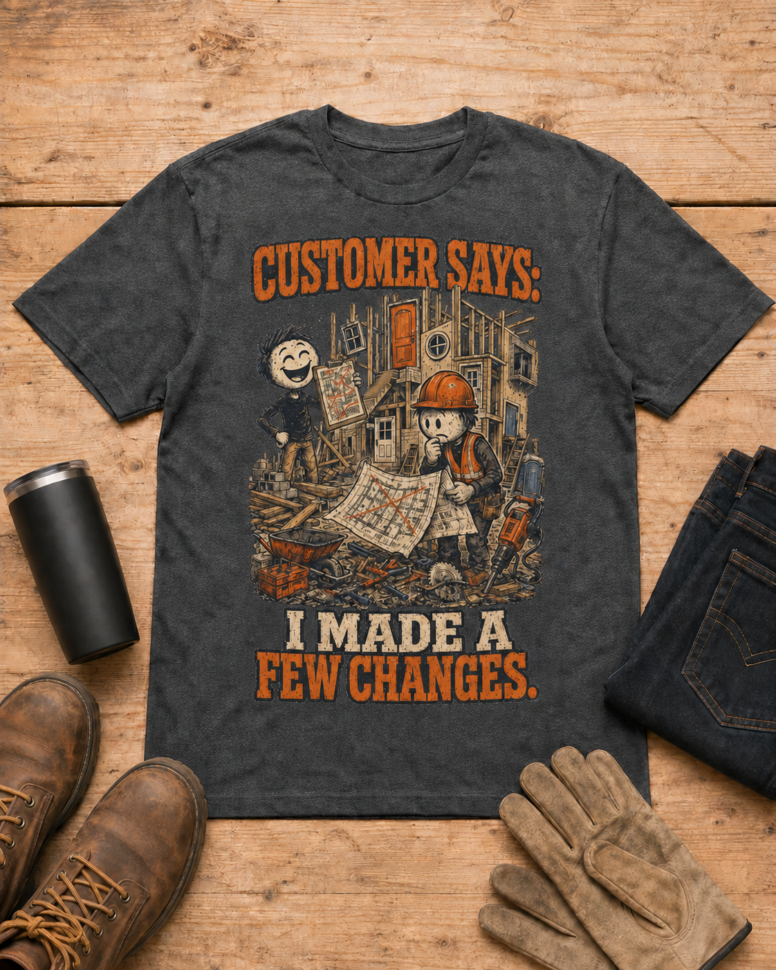 Customer Made a Few Changes Construction Shirt in Dark Heather workbench flat lay