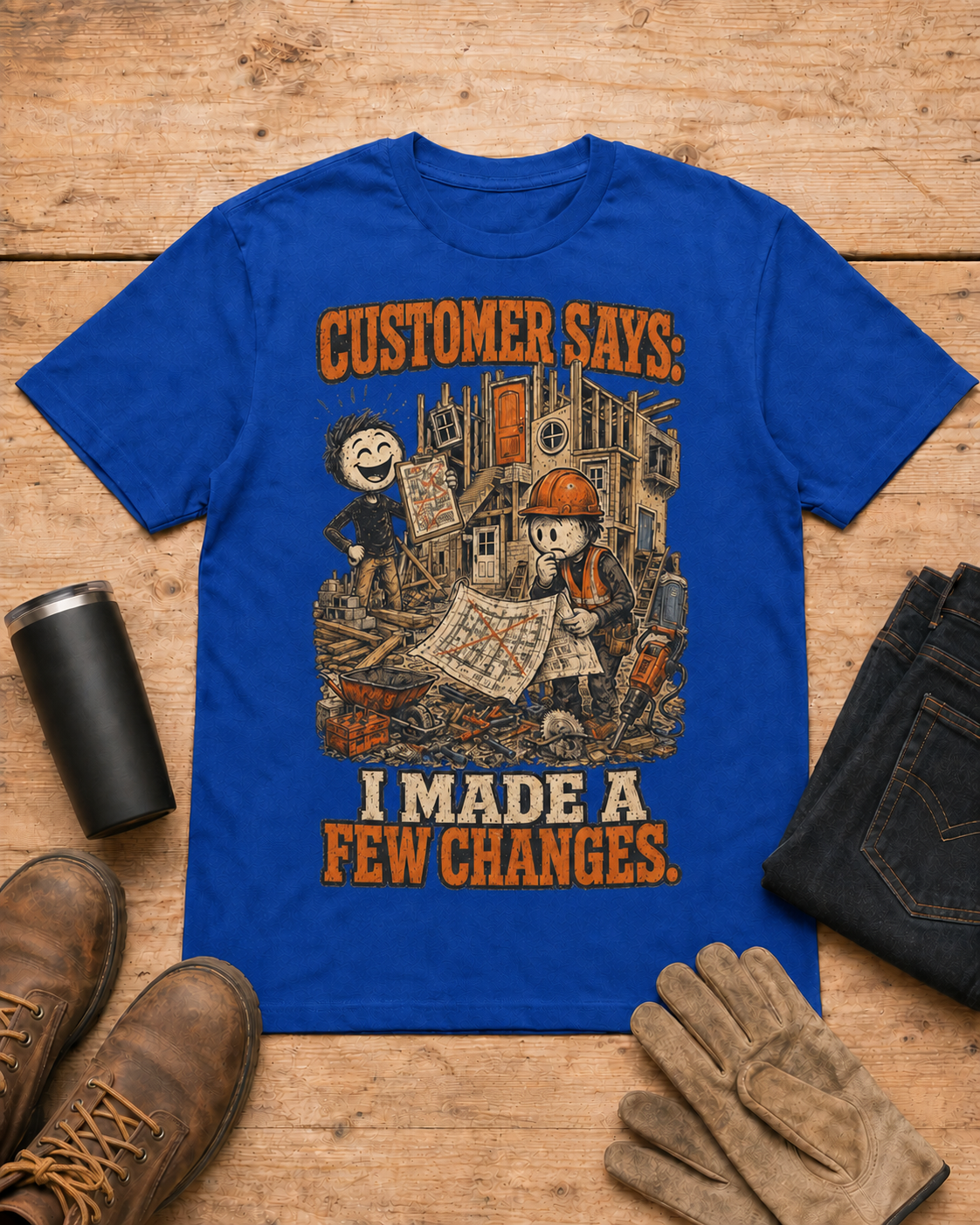 Customer Made a Few Changes Construction Shirt in Royal Blue workbench flat lay